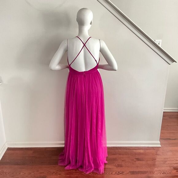 Maniju Magenta Formal Tulle Evening Gown Side Slit - Picture 3 of 12